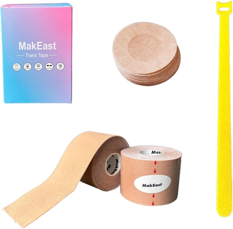 MakEast 2 Rolls Trans Tape for Transitioning Chest Binding Tape Latex Free FTM Chest Binder with Nipple Covers 2 in X 16.5 ft - Image 1